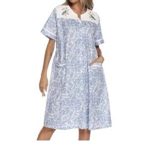 YOZLY XXL House Dress Embroidered Cottagecore Lounge Duster Blue/White G26